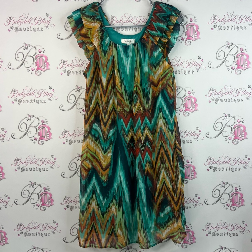 dressbarn Dress Chevron Pattern stripes zig zag ruffle details boho Aztec